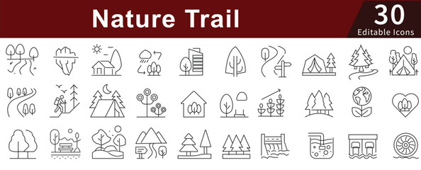 Nature Trail Line Icons Set with Editable Stroke for Hiking, Outdoor, Adventure, and Wildlife Activities