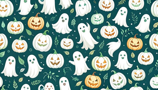 Halloween pattern with ghosts and pumpkins