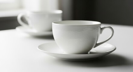 Elegant white ceramic coffee cups and saucers sit on a table
