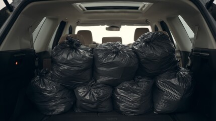Trunk of vehicle stuffed with large black plastic bags full of trash viewed from back seat, showing messy, overloaded, dirty car interior with stacked garbage bags suggesting pollution, waste, neglect