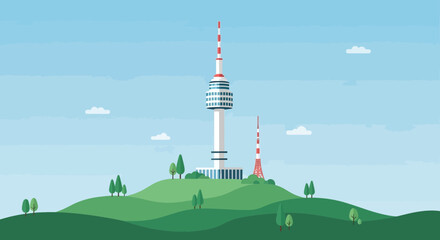 Obraz premium Iconic N Seoul Tower in Pixel Art on Green Landscape