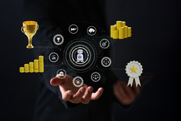 The Business man using AI robots to help analyze and increase efficiency in business