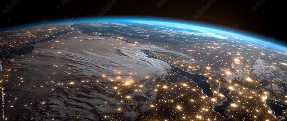 Wall mural anamorphic video space view of earth at night with lots of light