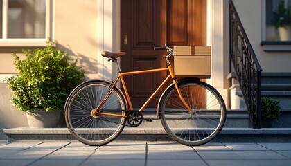 Delivery Bicycle: An eye-level shot showcases an orange bicycle gracefully parked outside a charming house, adorned with a delivery box