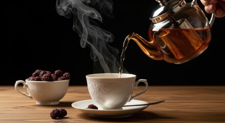 Steaming hot tea being poured into a white cup with berries on a table