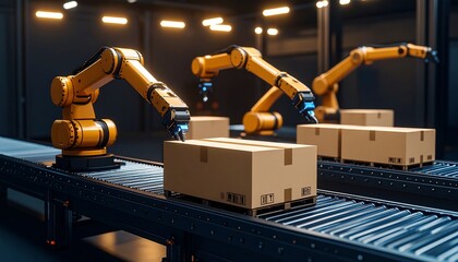 Robotic Assembly Line Automation: Three advanced robotic arms work in tandem, efficiently handling and moving cardboard boxes along an industrial assembly line.