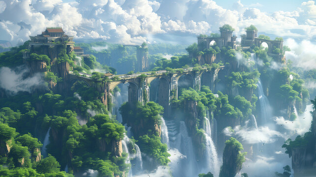 Floating Islands Connected by Ancient Stone Bridges