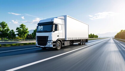 Moving Forward: A commercial transport truck speeds down a multi-lane highway, the vast expanse of a clear blue sky overhead, symbolizing seamless delivery