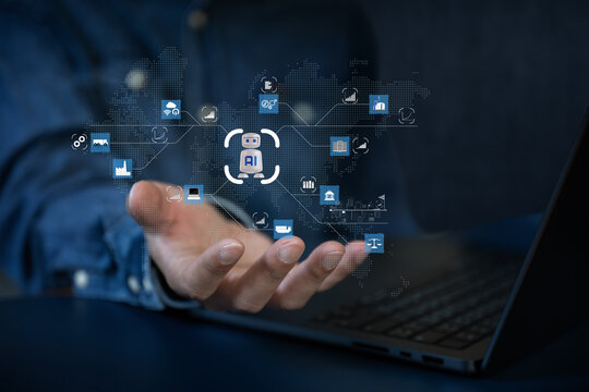 The Business man using AI robots to help analyze and increase efficiency in business