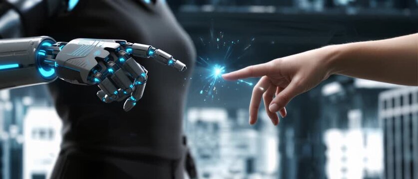 Human Hand Touching Robotic Finger with Glowing Energy in a Futuristic Urban Environment, Close-up View Depicting Artificial Intelligence Interaction