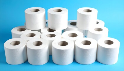 Toilet paper rolls stacked on blue background