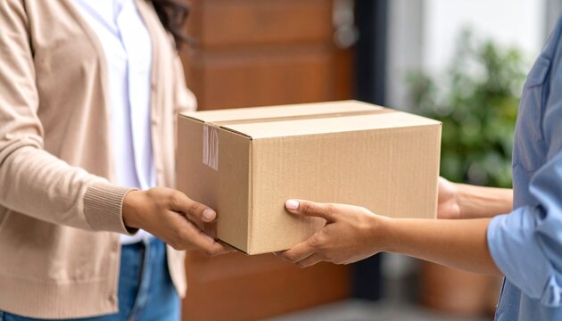 Package Handover: A moment of connection as a person accepts a delivered package, the anticipation of what lies within, symbolizing the swift movement of goods