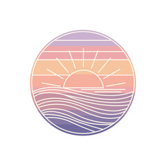 Circular Sunset or Sunrise over Ocean Waves Line Art Illustration