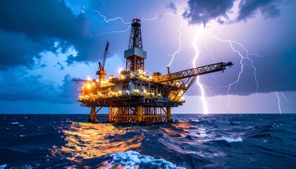 Obraz premium Oil rig in stormy sea, lightning strikes