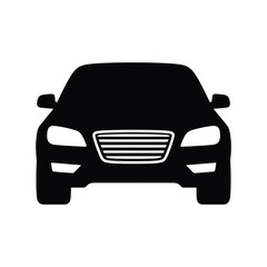 Front view silhouette of a modern car with headlights on