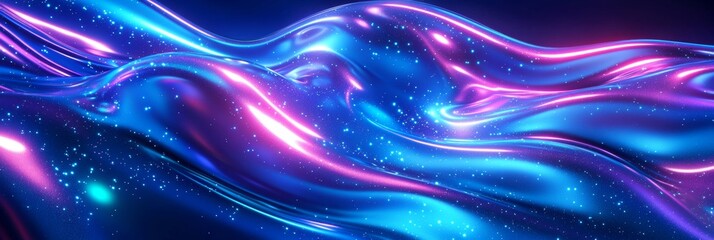 Abstract digital art with neon blue and purple colors creating a vibrant, futuristic theme with flowing lines and glowing particles.
