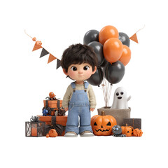 Adorable 3D Rendered Toddler Celebrating Halloween with Pumpkins, Balloons, and Ghost