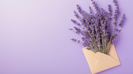 Buquê de lavanda seca com envelope sobre fundo roxo. Convite de casamento. Vista superior.