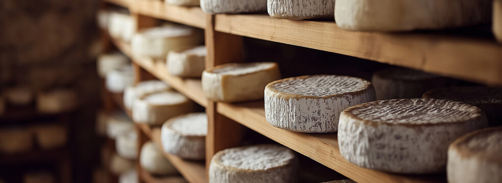 queijos artesanais dispostos em prateleiras de madeira em uma adega, mostrando o processo de envelhecimento com mofo e texturas vis&iacute;veis, evocando um senso de tradi&ccedil;&atilde;o e artesanato