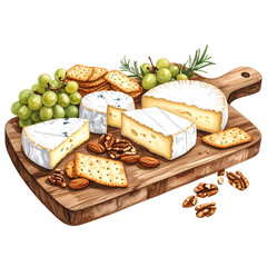 Rustic Wooden Board with Creamy Cheese Selection, Crackers, and Grapes,clipart, cut out, no background ,PNG die-cut for advertising