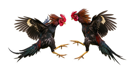 Two roosters in a dramatic mid-air fight on a white background. Traditional cockfighting pose with vibrant feathers and dynamic motion.