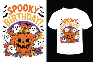 Spooky birthday celebration with a happy pumpkin and cute ghosts silhouette
