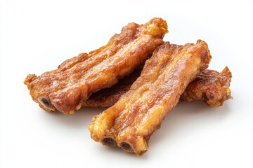 Delightful bacon-flavored snacks on a simple, plain white background. Indulge in their sweet and salty flavor.