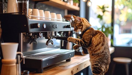 Playful cat at coffee machine