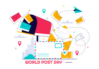 World Post Day Vector Illustration on October 9, Featuring a Red Mailbox Receiving Mail, Letters, and Parcels in a Flat Style Cartoon Background