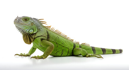Obraz premium A green iguana resting on a clean white background. The reptile's vivid scales and detailed texture are clearly visible in this studio shot.
