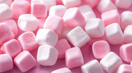 Colorful mini marshmallows scattered on a pink background