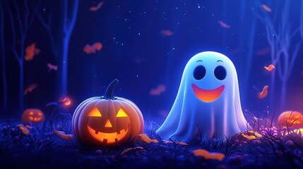 Cheerful ghost and glowing pumpkins in a spooky Halloween scene