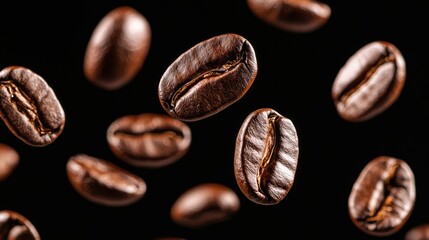 Fototapeta premium Floating coffee beans against a black background