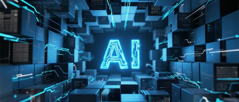 Digital Display of Artificial Intelligence Concept within a Futuristic Abstract Information Grid Environment from a Front View