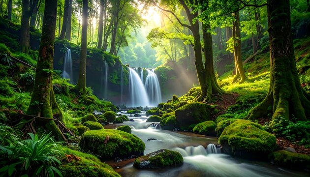 Lush waterfall in a sunlit forest