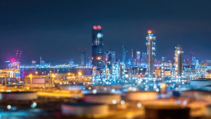 Fototapeta premium Blurred cityscape at night, industrial complex