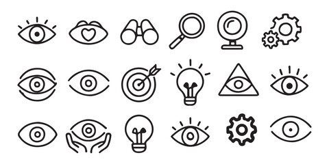 Eye vision icon vector set. Containing telescope, magnifier, search, eyesight, webcam, cctv camera, binocular, no, light bulb, core value, accuracy target, visible, invisible, blind, find setting