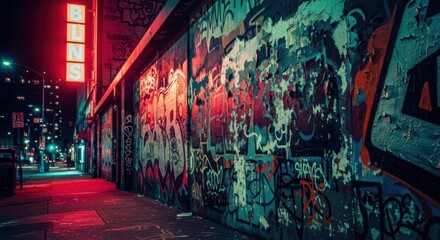 Vibrant graffiti art illuminates a darkened city alleyway with pulsating neon lights casting a red glow