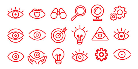 Eye vision icon vector set. Containing telescope, magnifier, search, eyesight, webcam, cctv camera, binocular, no, light bulb, core value, accuracy target, visible, invisible, blind, find setting