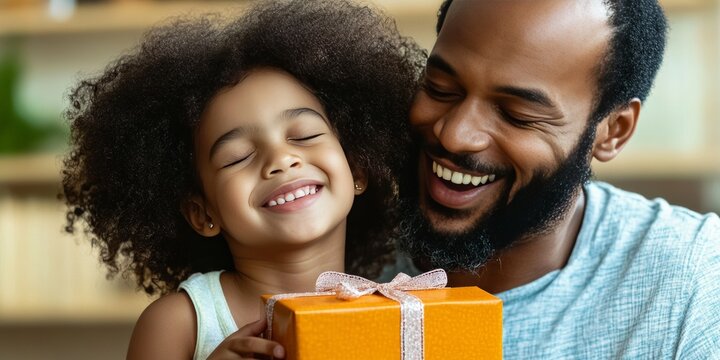 Happy family scene with father and daughter opening a christmas gift together, exchanging smiles and laughter.