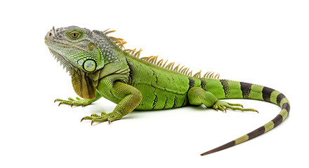Fototapeta premium A green iguana resting on a clean white background. The reptile's vivid scales and detailed texture are clearly visible in this studio shot.