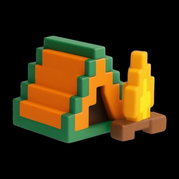 Pixelated campfire and tent animation isolated asset, transparent 4K video, alpha channel, ProRes 4444