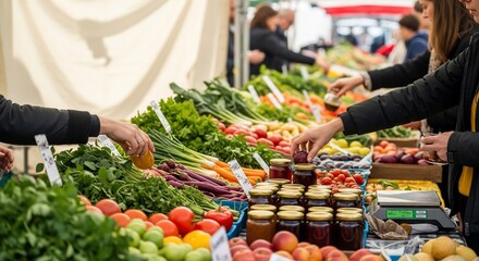 Vibrant display of fresh produce and artisanal goods at a bustling farmer's market