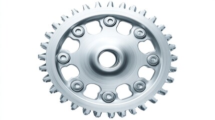 A close-up, high-angle view of a metallic, circular gear with teeth and internal bolt holes, isolated on white