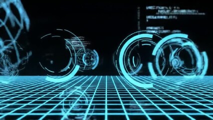Hi-tech abstract background with rotating 3D wireframe spheres, floating HUD elements, digital grid floor, and neon blue lights - Powered by Adobe