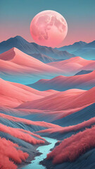 Stylized moonlit scenery in pastel tones with pointillist hills and a coral-blue sky; fits album covers, meditation apps, social media headers, or editorial layouts.