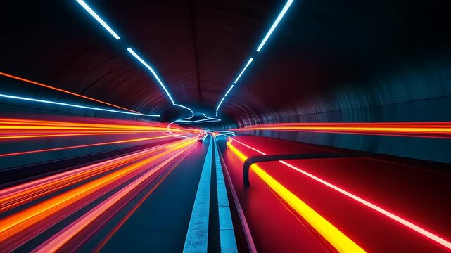 Vibrant light trails in a dark tunnel showcasing motion and speed, with blurred vehicles passing through
