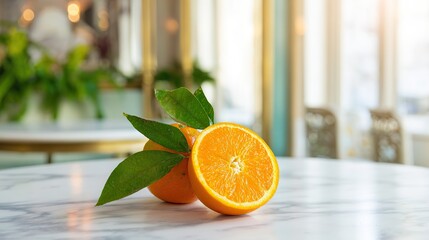 A lemon with green leaves, a halved orange beside it, on a white marble countertop illuminated by natural light, creating freshness and vitality.