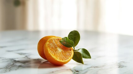 A lemon with green leaves, a halved orange beside it, on a white marble countertop illuminated by natural light, creating freshness and vitality.