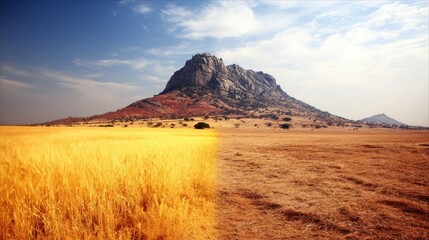Fototapeta premium Golden field meets a rocky mountain range.